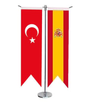 Masa Üstü Kırlangıç İspanya + Türk Bayrağı + Krom T Direk Masa Bayrak Seti