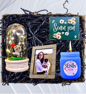 Kişiye Özel Fotoğraflı Set & Işıklı Tatlı Pandalı Fanus & Kokulu Mavi Mum