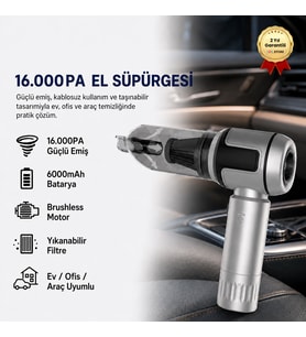 16.000PA Güçlendirilmiş Pil Portatif Fırçasız Motorlu Araç Süpürgesi Ev Ofis Uyumlu 6000mAh