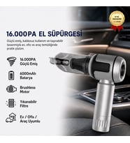 16.000PA Güçlendirilmiş Pil Portatif Fırçasız Motorlu Araç Süpürgesi Ev Ofis Uyumlu 6000mAh