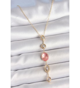 Pirinç Zincir Pembe Renk Zirkon Taşlı Y Kolye