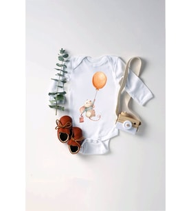 Unisex Bebek Balonla Uçan Farecik Baskılı Body Zıbın