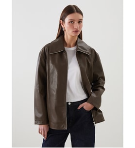 LCW Modest Haki Oversize Kadın Deri Görünümlü Ceket