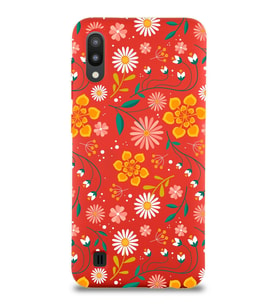 Samsung Galaxy M10 Uyumlu Lansman Kılıf Çiçek Tasarımlı İçi Kadife Kapak-Kırmızı (Şeffaf)