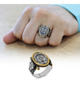 Oval Otantik Tasarım Ayyıldız Motifli 925 Ayar Gümüş Erkek Yüzük (Siyah-Gri)