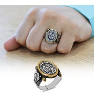 Oval Otantik Tasarım Ayyıldız Motifli 925 Ayar Gümüş Erkek Yüzük (Siyah-Gri)