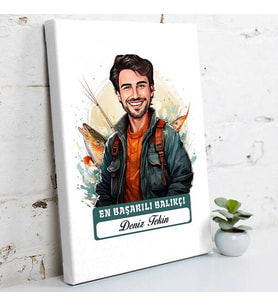 Kişiye Özel Hediye Karikatürlü En İyi Erkek Balıkçı Kanvas Tablo