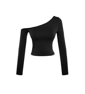 Moda Asimetrik Yaka Örme Slim Düz Desen Casual Günlük Crop Uzun Kol Bluz (Siyah)