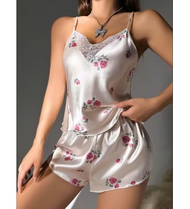 Fantezia Night Kadın Ekru Gül Desenli Askılı Dantel Üst Pijama Takımı 2222