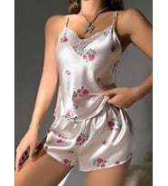 Fantezia Night Kadın Ekru Gül Desenli Askılı Dantel Üst Pijama Takımı 2222