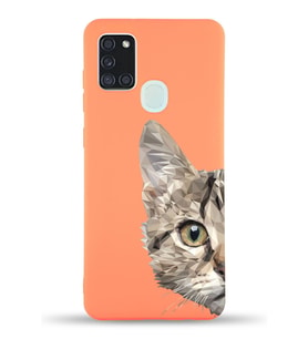 Samsung Galaxy A21s Uyumlu Lansman Kılıf Catface Tasarımlı İçi Kadife Kapak-Turuncu (Şeffaf)