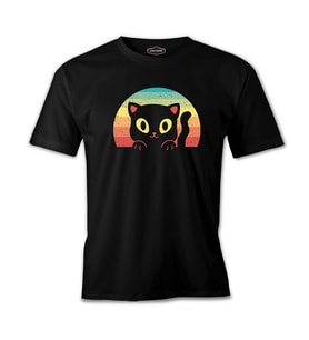 Baby Cat Looking from a Retro Background Siyah Erkek Tshirt