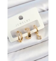 Pirinç Zirkon Taşlı Halka Model Gold Renk 3'lü Çift Kadın Küpe Set - TJ-BKP10826