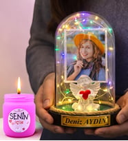Kişiye Özel Renkli Led Işıklı Beyaz Melekli Fanus ve Kokulu Mum