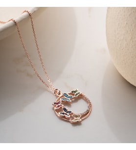 Vaoov 925 Ayar Gümüş Renkli Taşlı Rose Kelebek Kolye (Rose-Beyaz)
