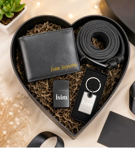 Kişiye Özel Premium Kalp Kutu Cüzdan Kemer Metal Lüx Anahtarlık Metal Çakmak Hediye Set
