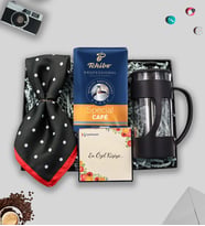 Kırmızı Siyah Renk Puantiyeli Fular & Siyah French Press & Tchibo Special Filtre Kahve Hediye Seti