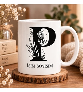 Kişiye Özel Baş Harf ve İsim Yazılı Botanik Motifli P Harfli Seramik Kupa Bardak