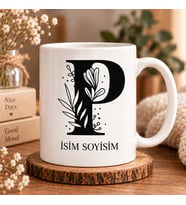 Kişiye Özel Baş Harf ve İsim Yazılı Botanik Motifli P Harfli Seramik Kupa Bardak