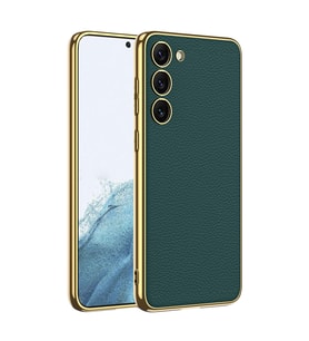 Lexroo Galaxy S23 Kılıf Deri Görünümlü Kenarları Elektroplating Kaplama Fizyon Kılıf - Koyu Yeşil