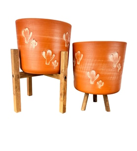 Bitki Tasarımı Ev Dekorasyon Aksesuar Kaktüs Desenli Toprak Saksı Saksılık Salon Çiçeklik İkili Set 3 Ayaklı- 4 Ayaklı- 19 CM