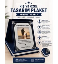 Kişiye Özel Plaket Gümüş Metal Lacivert Kadife Kutulu İsim Yazı Fotoğraf Logo Baskılı Kendin Tasarla