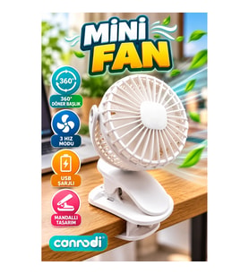 360° Döner Başlıklı Mandallı Mini Fan – 3 Hızlı USB Şarjlı