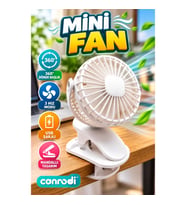 360° Döner Başlıklı Mandallı Mini Fan – 3 Hızlı USB Şarjlı