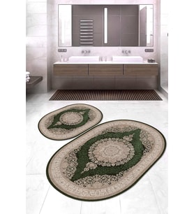 Dijital Baskılı Kaymaz Taban Yıkanabilir Oval 2'li Klozet Takımı Banyo Paspası NOKZ-HT-1000 (Yeşil)