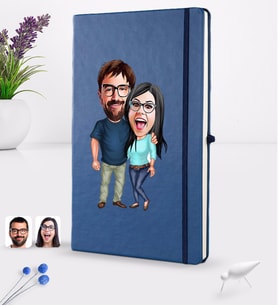 BK Gift Kişiye Özel Sevgililer Karikatürlü Karikatürlü Lacivert Termo Deri Defter 16x24cm Model 109