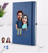 BK Gift Kişiye Özel Sevgililer Karikatürlü Karikatürlü Lacivert Termo Deri Defter 16x24cm Model 109