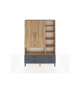 Arges Dolap 10 Raflı 4 Çekmeceli 2 Kapaklı 132x30x195 Çam-Çam/Antrasit