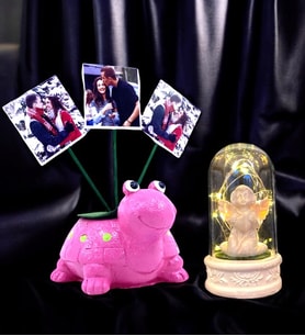 Size Özel 3 Fotoğraflı Pembe Kaplumbağa & Işıklı Beyaz Melekli Fanus