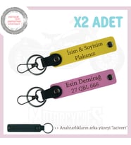 Sade ve Etkili Tasarım, Plaka & İsim Yazılı 2’li Kişisel Deri Anahtarlık Takım, Sarı-Pembe-Laci