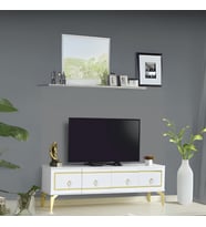 Vina Tv Sehpası Beyaz Gold 4 Kapaklı Çizgili Kulplu Metal Ayaklı 160x36x50 Cm
