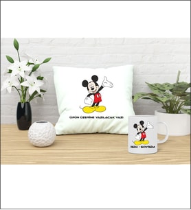 Kişiye Özel Mickey Mouse Tasarımlı Yastık ve Kupa Bardak