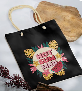 BK Gift Yaz Temalı Siyah Halat Saplı Kumaş Plaj Çantası -16, Baskılı Omuz Çantası, Alışveriş Çantası, Arkadaşa Hediye, Sevgiliye Hediye