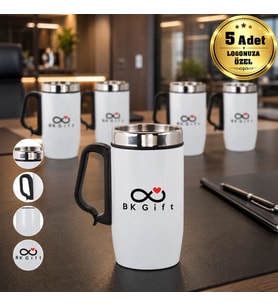 Logonuza Özel 5 Adet 5304 Çelik Kupa 240 ml Kilitli Kapaklı Kurumsal Termos Mug