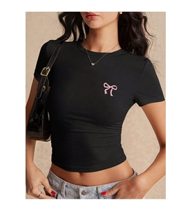 Kadın Crop Baby Tee Fiyonk Baskılı Dar Kesim Y2K Estetik %100 Pamuk Basic Tişört