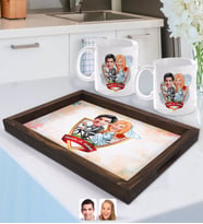 BK Gift Kişiye Özel İsimli Evleniyoruz Karikatürlü Doğal Ahşap Tepsi ve 2’li Kupa Bardak Seti-3