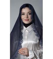 Lacivert Namaz Başörtüsü Şal Şifon Kumaş Güpürlü 202106_02