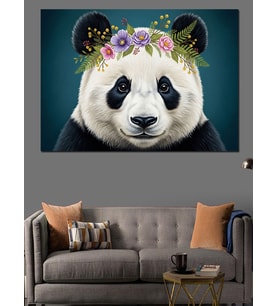 Çiçek Taçlı Panda Portre Dekoratif Kanvas - Mdf Ahşap Tablo