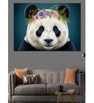 Çiçek Taçlı Panda Portre Dekoratif Kanvas - Mdf Ahşap Tablo