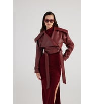 Crop Model Astarlı Kemerli Neeko Deri Ceket Bordo
