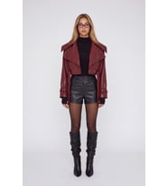 Crop Model Astarlı Kemerli Neeko Deri Ceket Bordo