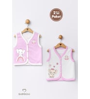 2’li Kız Bebek Yelek Seti ,Jakarlı Kalp Desenli,Pamuklu,Çıtçıtlı Bebek Yeleği Fil Baskılı,Mevsimlik (Pembe-Ekru)
