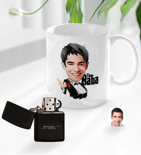 BK Gift Kişiye Özel Babalar Günü Hediyesi Godfather Baba Karikatürlü Kupa Bardak ve Benzinli Çakmak Seti-2 (Model 1)
