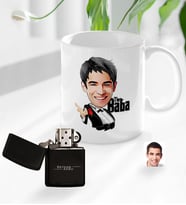 BK Gift Kişiye Özel Babalar Günü Hediyesi Godfather Baba Karikatürlü Kupa Bardak ve Benzinli Çakmak Seti-2 (Model 1)