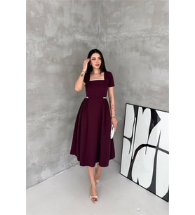 Neşeli butik kadın mürdüm kare yaka taş detaylı etek drapeli midi boy elbise ---- NBK4621