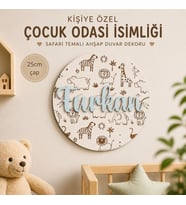 Kişiye Özel Ahşap İsimlik - Safari Hayvanları Figürlü Bebek Odası Dekorasyonu - 25 cm Duvar Aksesuarı